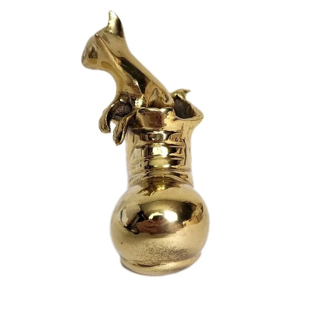 Vintage Brass Cat in Boot Figurine Heavy Kitten Shoe Gold Trinket Paperweight